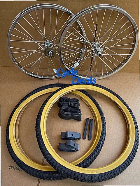 20'' x 1.75 Bike HD Steel Rims Chrome Free Wheel 36 spokes + Tires Gum Wall BMX