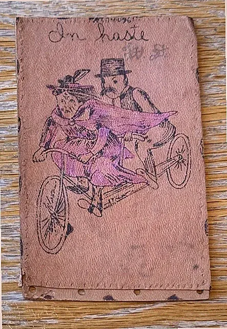 Couple on Tandem Bike In Haste - 1906 Posted Leather Postcard