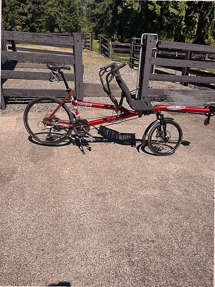 Hase Pino Recumbent Tandem Bike, Red 20in, Mechanical Disc Brakes, Adjustable