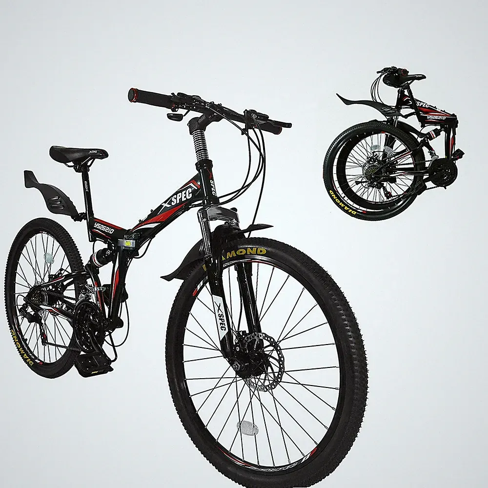 Xspec 26" 21 Speed Folding Mountain Bike Bicycle Trail Commuter, Black